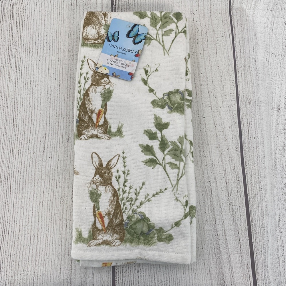 Cynthia Rowley Kitchen Towels (Set of 3) White Green Gingham Floral Bunny Easter